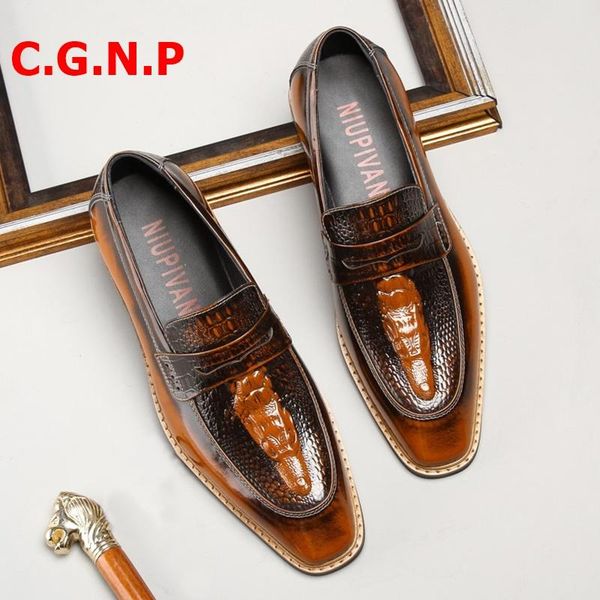 

dress shoes c.g.n.p crocodile pattern genuine leather loafers handmade business mens formal slip on men penny, Black