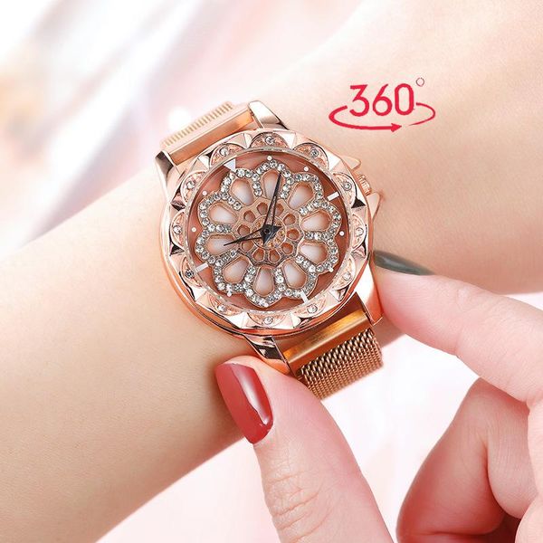 

wristwatches womens watches 2021 360 degree rotation women mesh magnet watch luxury starry sky ladies quartz relogio feminino j25, Slivery;brown