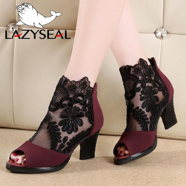 

lazyseal gladiator shoes woman sandals summer peep toe 7cm high square heels cover heel zipper mesh boots, Black