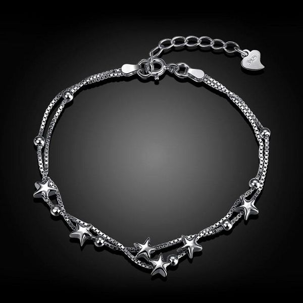 

charm bracelets 2021 925 sterling silver for women trendy star jewelry multi-layer link chain & bangles lb057, Golden;silver