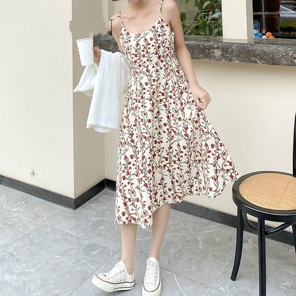 

casual dresses sungtin floral print slip dress women a line 2021 summer long party spaghetti strap korean vestido mujer beach, Black;gray