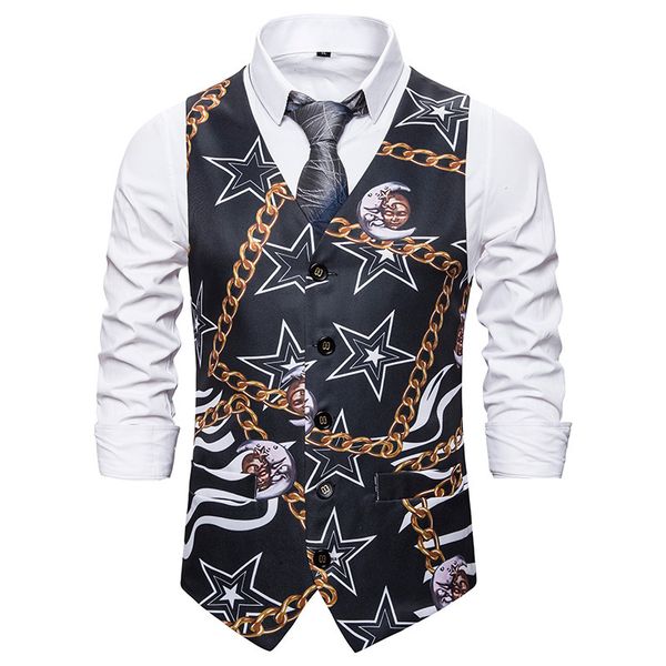 

fashion vest autumn casual men's 3d star chain printed single breasted, Black;white