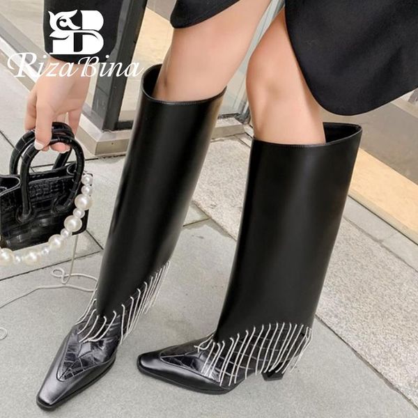 

boots rizabina size 34-40 women knee high genuine leather winter ladies strange heel fashion long party footwear, Black