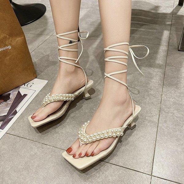 

square toe female shoes ladies' slippers rubber flip flops thin heels string bead med 2021 hawaiian fabric slides pu rome, Black