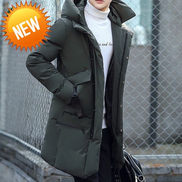 

korean mid-length down jacket men winter thick hooded big pockets overcoats male casual slim windproof jackets mens clothing, Black