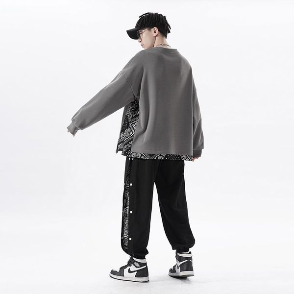 

men's tracksuits japenese style casual set suit fake two pieces hoodies and pants harajuku personality fashion loose oversized men, Gray