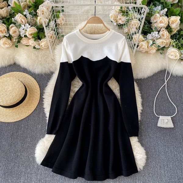 

foamlina elegant ladies knitted sweater dress women simpe color match o-neck long sleeve autumn casual work a-line short dresses, Black;gray