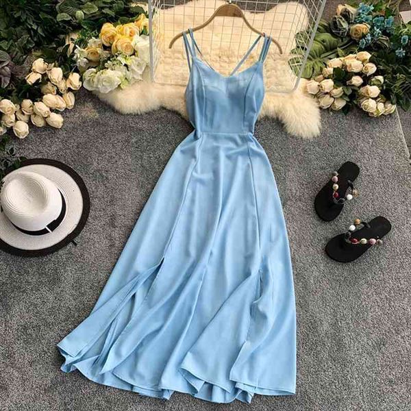 

ladies v neck spaghetti strap dresses summer backless split slim long dress women casual beach holiday vestidos, Black;gray