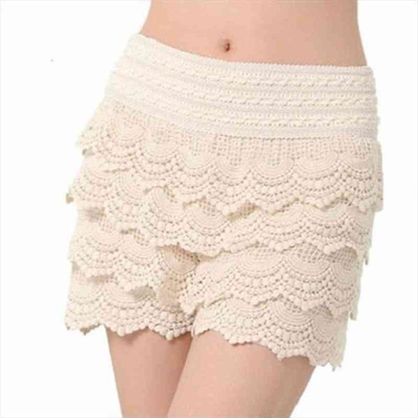 

casual four tiered floral mini womens short crochet summer cotton elastic waist black white stitching bottom, White;black