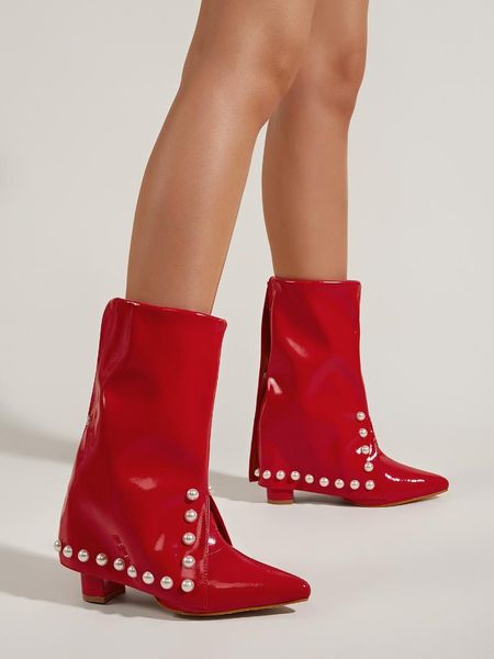 

boots shoes women's leather winter footwear zipper boots-women autumn 2021 red high heel ladies rubber mid calf pointy mid-calf, Black