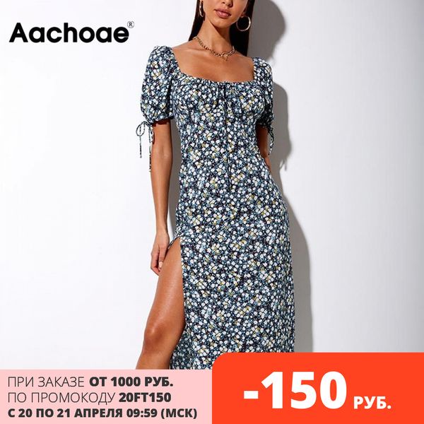 

Women Bow Tie Sexy Party Dress Floral Print Summer High Split Chic Midi Dress Square Collar Short Sleeve Retro Dresses, Blue