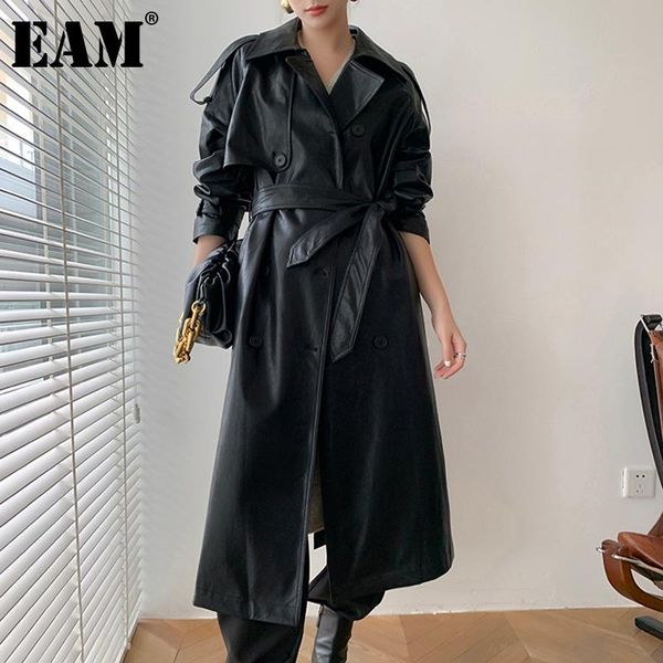 

women's trench coats [eam] women black pu leather long lapel sleeve loose fit windbreaker fashion tide autumn winter 2021 1dd0738, Tan;black