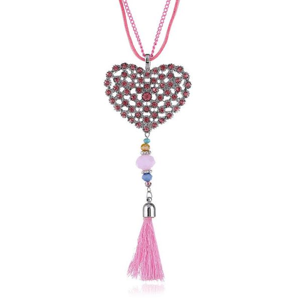 

pendant necklaces fashion women crystal heart beads necklace colorful long tassel rhinestone statement leather love chain handmade jewelry, Silver