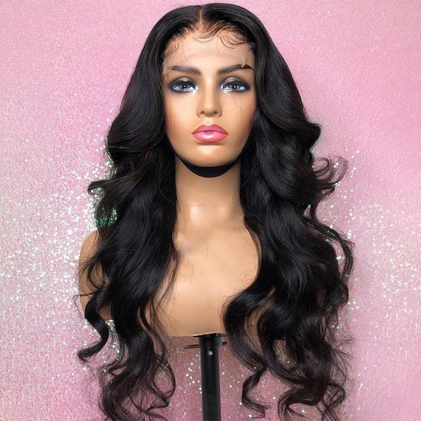 

150% european and american long body wave 13x4 lace front real hair women's wig natural hair pulling remi brazil medium proportion blea, Black