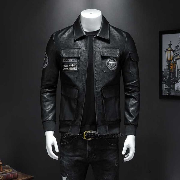 

badge men pu lapel leather letter embroidery men's jacket 211018, Black