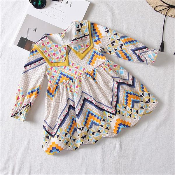 

summer lovely toddler kids girls girl dress geometric print long sleeve peter pan collar a line, Red;yellow