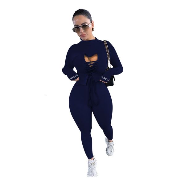 

lucky lable letter print hollow out bandage and strapless jumpsuits women two piece ouotfits winter casual tracksuits 9uy, Gray
