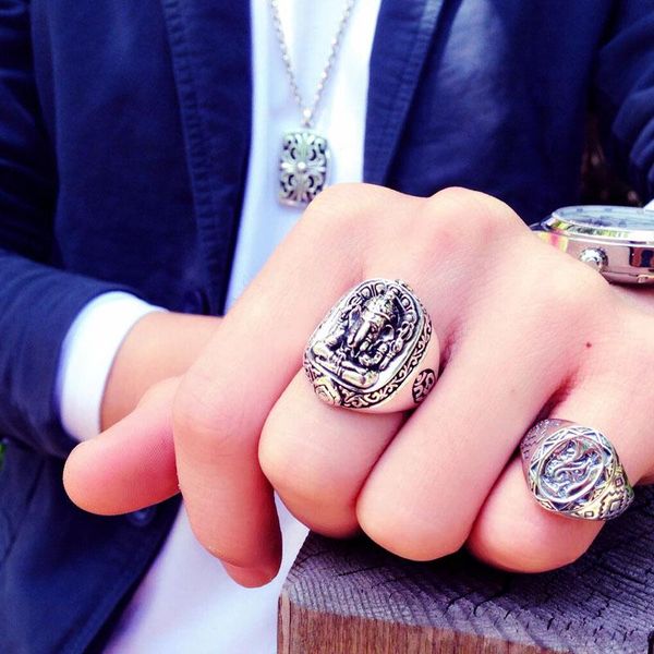 

cluster rings thailand silver elephant ganesha men's ring 925 sterling india jewelry gift for boyfriend gr238, Golden;silver