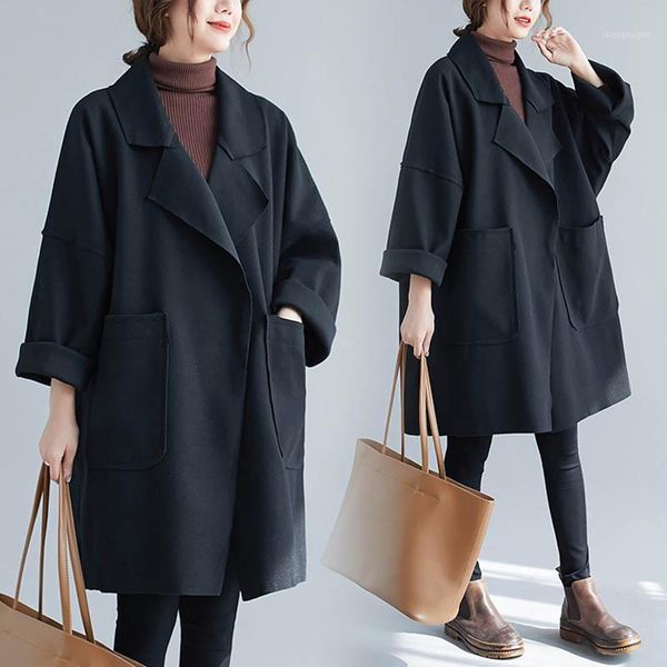 

women's wool & blends autumn winter women cashmere coat korean fashion long loose cocoon woolen female black wild double-sided