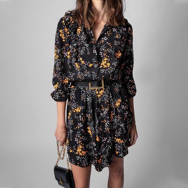 

casual dresses 2021 women's rojo dress romantic floral print ruffled neckline fashion slim mid-length, Black;gray