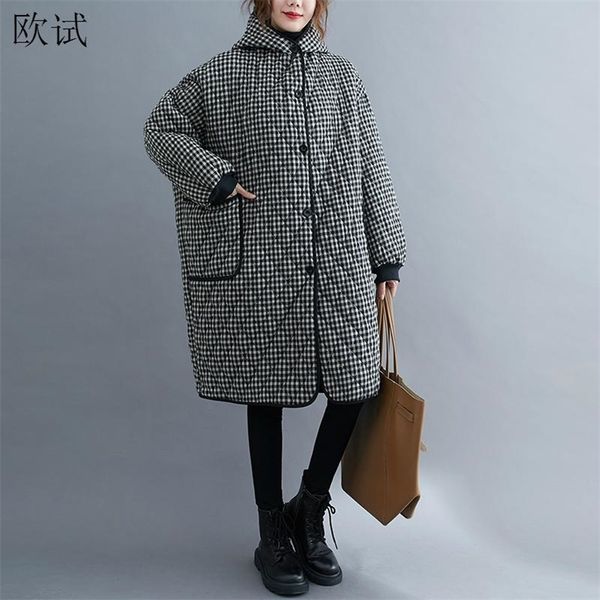

oversized long winter hooded jacket coat women thicken warm plaid cotton-padded ladies jackets and coats woman outwear 211018, Black
