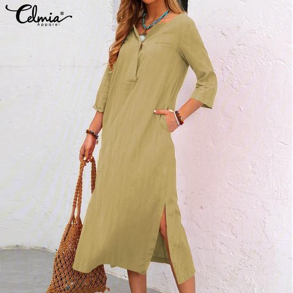 

women vintage dress celmia casual 3/4 sleeve v neck midi fashion ladies loose pockets plus size vestido work robe 5xl dresses, Black;gray