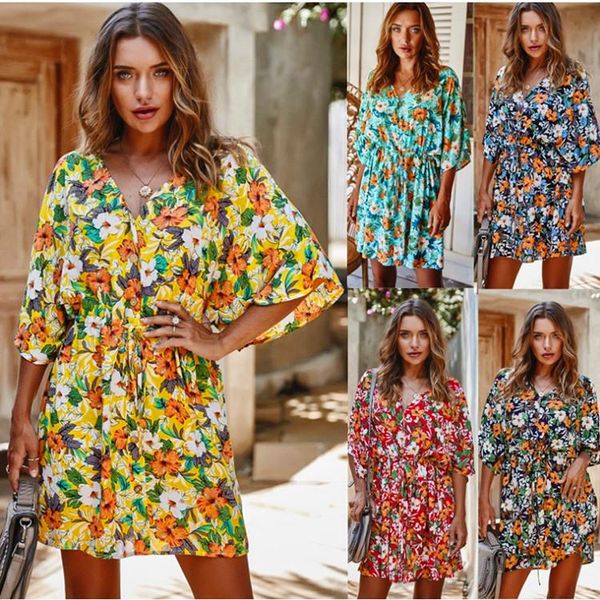 

summer dress 2021 women boho floral print v-neck party mini beach holiday casual fashion clothes clothing dresses, Black;gray