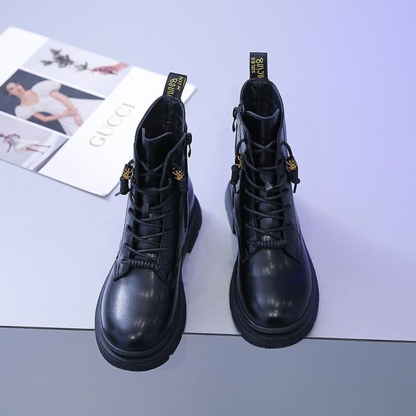 

boots 2021 british style leather women ankle motorcycle female shoes autumn lace up winter, Black