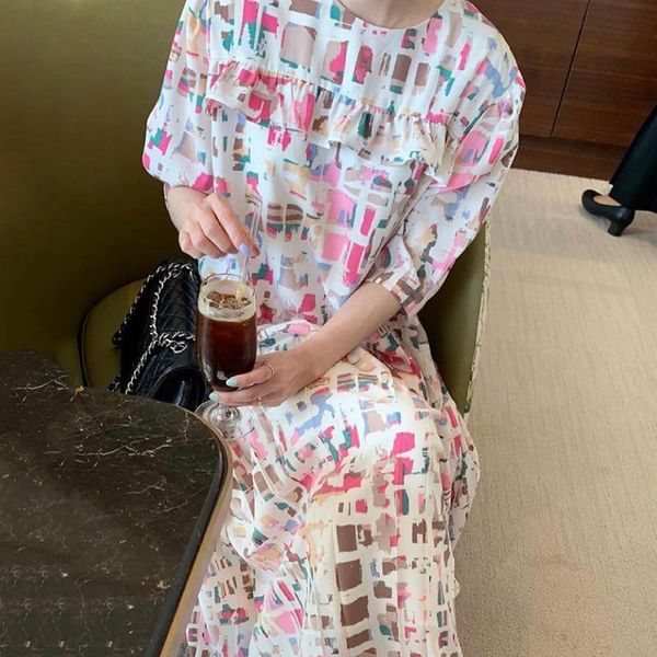 

party dresses [ewq]2021 summer elegant sweet round neck geometric printing ruffles stitching loose short sleeve pleated robe dress 16w1030, White;black