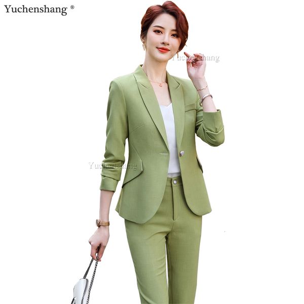

women's suits & blazers 2 piece set yellow green pink women pant suit female office lady ol girl business work jacket blazer and ankle, White;black