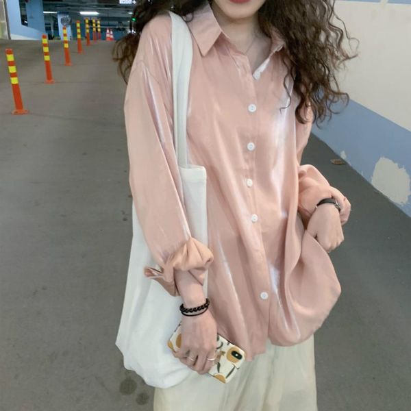

women's blouses & shirts women elegant autumn long sleeve shiny satin blouse turn-down collar loose shirt pink top, White