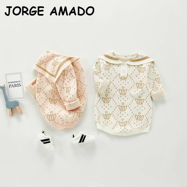 

rompers autumn baby girl bodysuit sailor collar crown print long sleeve knitted sweater jumpsuit born clothes 0-3y e20351 xjq8, Blue
