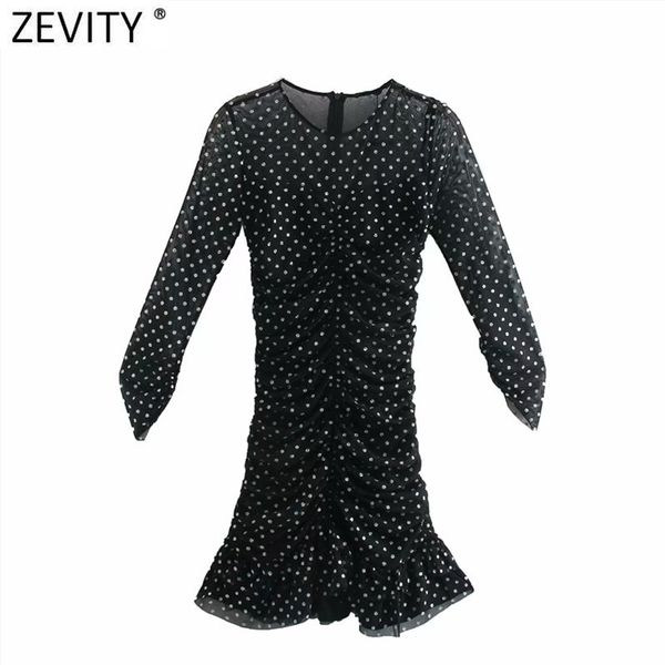 Donne Sexy Paillettes Dots Sottile Pieghettato Maglia Vestito Femminile Manicotto Dei Tre Quarti Chic Vestido Cerniera Posteriore Vestiti DS4913 210420