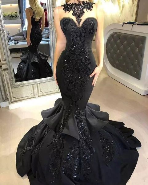 

2021 black long prom party dresses beaded appliqued cascading ruffled mermaid court train backless formal wear evening gowns