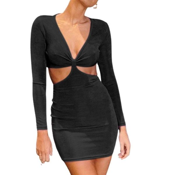 

casual dresses women's deep v-neck hollow out mini dress long sleeve solid color back tie up slim skinny wild elegant pencil, Black;gray