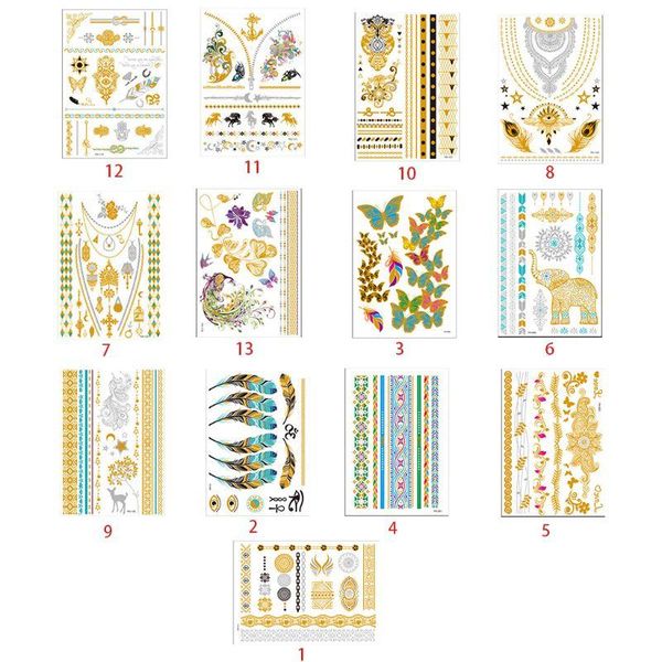 

temporary tattoos metallic gold jewelry bohemian waterproof reflective fake body tattoo sticker women girls disposable party supplies