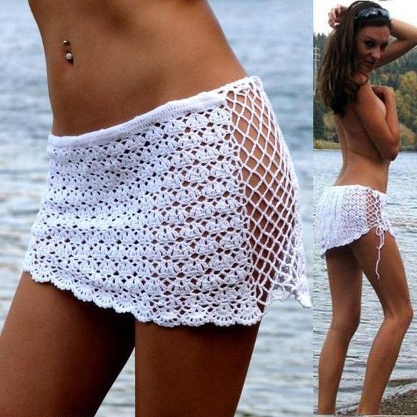 Röcke Frauen Wrap Mini Rock Häkeln Bikini Cover Up Sexy Bademode Badeanzug Sommer Strand Aushöhlen Net Weiß 2021 Kleidung