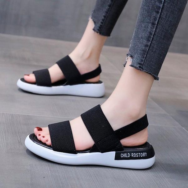 

sandals 2021 autumn sandal women korean style slip on cool comfortable thick-soled outdoor beach elastic band mesh footwear for lady, Black