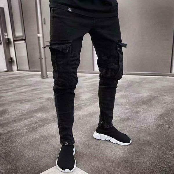

fashion skinny denim destroyed frayed women pant pencil vogue male pockets slim fit cargo joggers trousers, Black