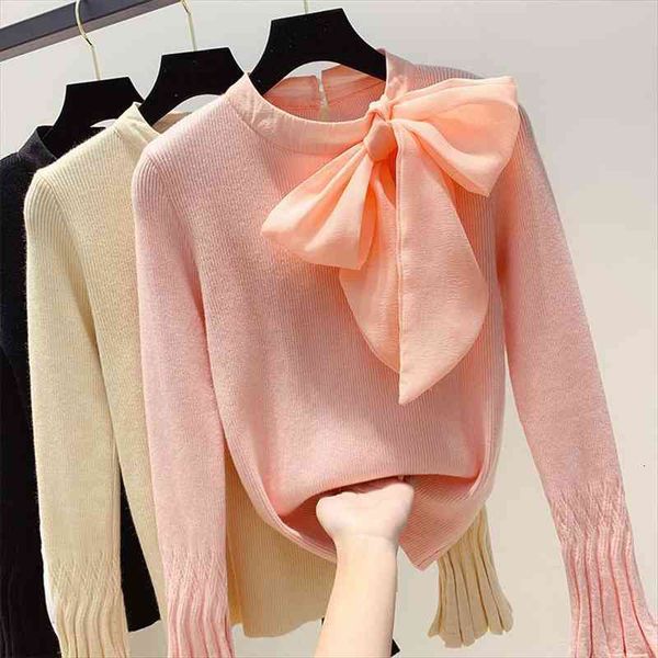 

autumn winter retro tie 3d women sweater bow decors flare sleeve pullovers bottoming knitted shirt long blusas mujer, White;black