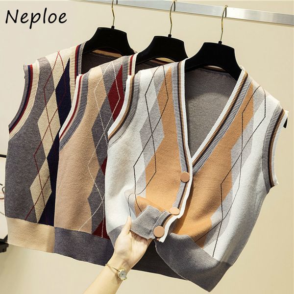 

neploe v neck single breasted cardigans tank autumn chic argyle hit color patchwork knit vest loose sleeveless sweater 210510, White