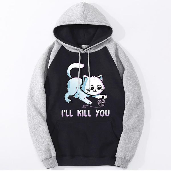 

women's hoodies & sweatshirts white cat is playing with a ball of yarn cartoons loose swetshirt raglan crewneck hooded kawaii fashion o, Black