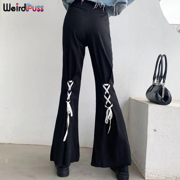 

weird puss cyber y2k pants harajuku women adjacent bandage design chic split flared streetwear simple fashion trousers women's & capris, Black;white