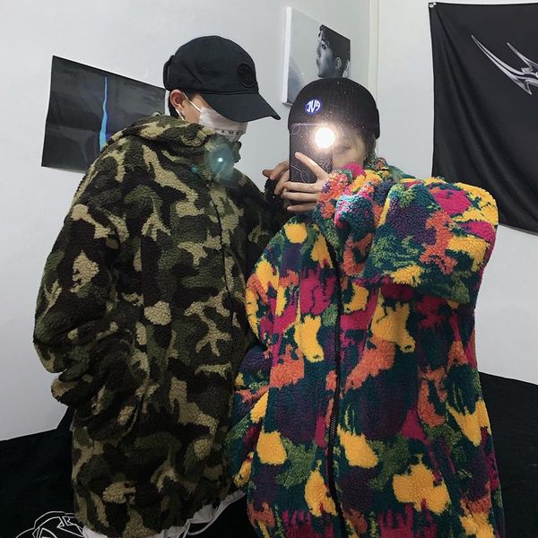 

women's fur & faux 2021 fashion korean ins harajuku bf coat lambskin velvet camouflage zipper hooded loose jacket for men and women, Black