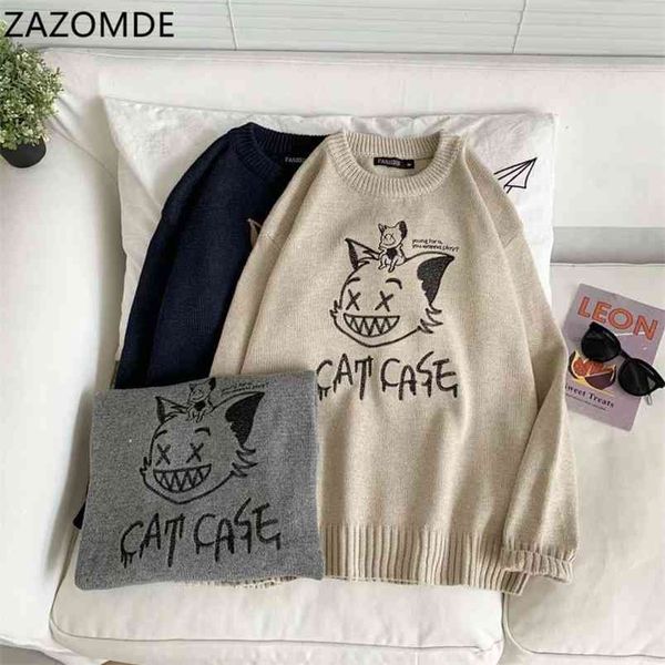 Zazomde outono homens suéteres moda hip hop streetwear engraçado gato casual roupas pulôver solto suéter 210812