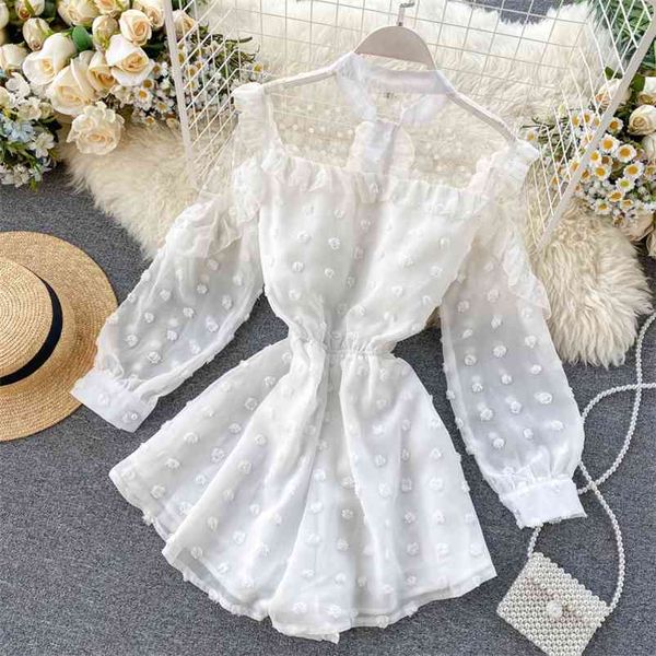 

summer women's jumpsuit french puff sleeve net yarn polka dot fungus slim and thin western style pants ll026 210507, Black;white