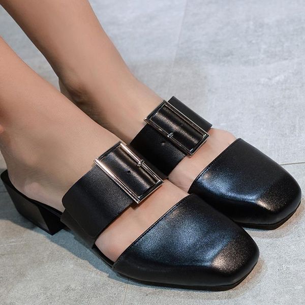 

dress shoes kmeioo genuine leather woman square toe high heels block heel pumps mule sandals slip-on slides women mules, Black