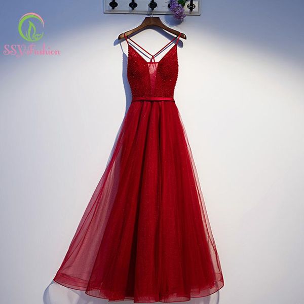 

evening dresses ssyfashion deep v neck strap sleeveless lace up back floor length crystal sequined wine dress custom party formal, Black;red