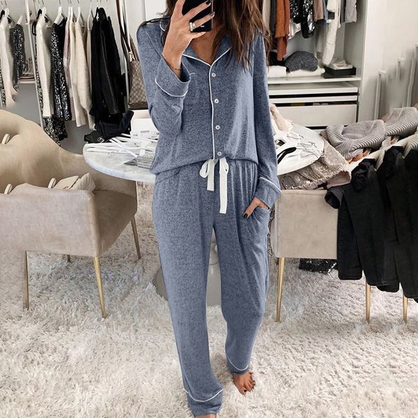 

2021sleeping button down loose dstring closure soft v neck loungewear trousers women pajama set two piece home long sleeve, Black;red