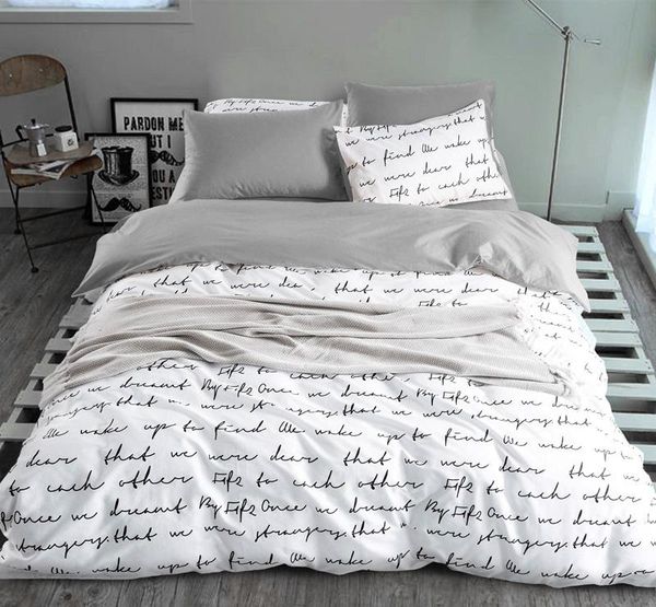 

bedding sets letter printing duvet cover king activity ru usa size,quilt sheet set bedroom bed linen grey